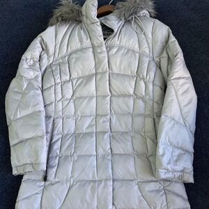 Calvin Klein Coat Womens Small Silver Down Puffer Hooded Quilted Fur Trim
